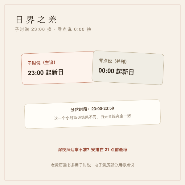 日界示意图：子时说23点起新日，零点说0点起新日，白天无差异