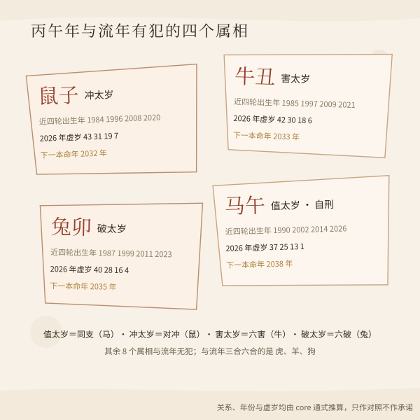 犯太岁四属相推算卡（值太岁、冲太岁、害太岁、破太岁四个属相及其地支与本轮出生年）